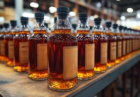 A row of liquor bottles are lined up on a table. The bottles are all the same size and shape, and they are all filled with a brown liquid. The bottles are arranged in a neat and orderly fashion photo