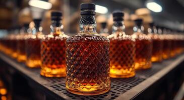 A row of liquor bottles with a clear glass top. The bottles are lined up on a table photo