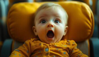 A baby is sitting in a yellow chair with its mouth wide open. The baby's eyes are wide open and staring at the camera. The scene is playful and lighthearted photo