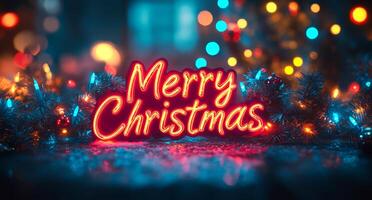 Merry Christmas is written in red letters on a blue background. A Christmas tree and lights, creating a festive atmosphere photo