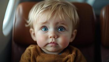 A baby with blue eyes is sitting in a chair. The baby is looking at the camera with a curious expression photo