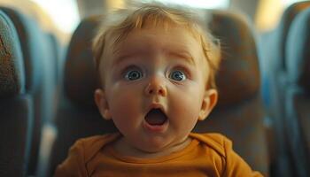 A baby is sitting in a car seat with its eyes wide open. The baby's mouth is open, and its eyes are wide open, giving the impression that it is surprised or excited photo
