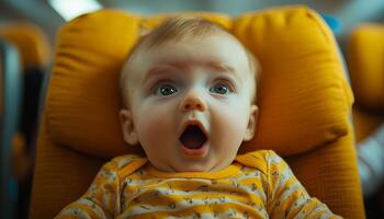 A baby is sitting on a yellow chair with its mouth open. The baby is looking at the camera with a surprised expression photo