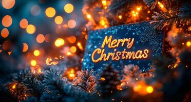 Merry Christmas is written on a blue sign that is surrounded by lights and trees. The sign is placed in the middle of a forest, creating a festive and joyful atmosphere photo