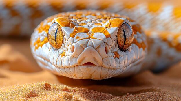 A snake with a yellow and white head is on a sandy surface. The snake's head is the main focus of the image, and it is looking at the camera. The contrast between the snake's colors photo
