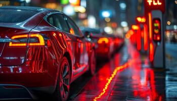 A red car is parked in a parking lot. The car is surrounded by other cars, and the parking lot is wet from rain. The scene has a moody and somewhat melancholic feel, as the rain photo