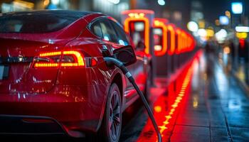 A red car is plugged into a charging station. The car is parked in a row of charging stations, and the lights are on. The scene is set in a city at night, with a wet street photo