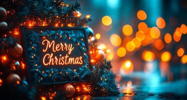 Merry Christmas sign on a tree. The sign is lit up and surrounded by Christmas decorations. Scene is festive and joyful photo