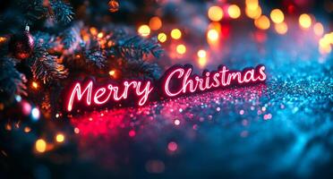 Merry Christmas is written in neon lights on a blue background. A Christmas tree with lights and a sign that says Merry Christmas. Scene is festive and joyful photo