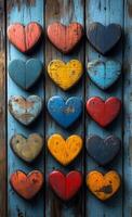 A row of wooden hearts with different colors and sizes. The hearts are arranged in a row on a wooden surface photo