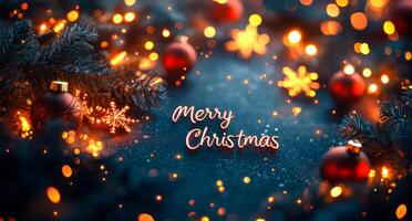 Merry christmas is written on a blue background with red and white Christmas ornaments. The background is lit up with bright lights, creating a festive and joyful atmosphere photo