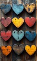 A row of wooden hearts with different colors and sizes. The hearts are arranged in a pattern, with some overlapping and others standing alone. Scene is warm and inviting photo