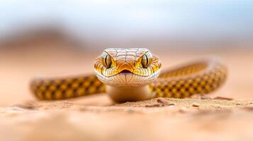 A snake is shown in the foreground of the image, with its head raised and looking at the camera. The snake is brown and white, and it is in a desert-like environment. The image has a sense of mystery photo