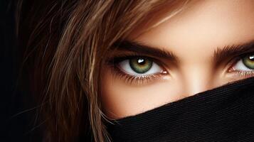A woman with green eyes is wearing a black scarf over her face. The scarf is covering her eyes and nose, giving her a mysterious and alluring appearance photo