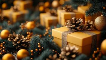 A Christmas tree with a gold box on top of it. The box is decorated with pine cones and gold ribbons. The tree is surrounded by many gold and silver ornaments, including a few balls photo