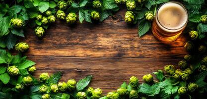 A wooden table with a beer glass and a bunch of green leaves surrounding it. The leaves are arranged in a circle around the table, creating a natural and inviting atmosphere photo