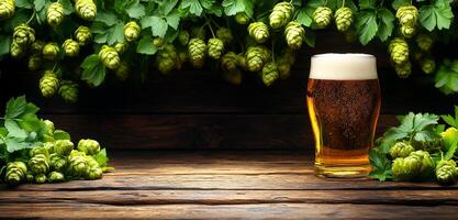 A glass of beer is on a wooden table with a bunch of green leaves. The leaves are in the foreground and the glass is in the background. Concept of relaxation and enjoyment photo