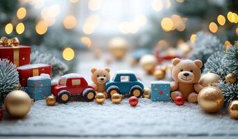 A group of teddy bears and toy cars are arranged on a snowy surface. The scene is festive and playful, with the teddy bears and cars giving off a sense of warmth and joy photo