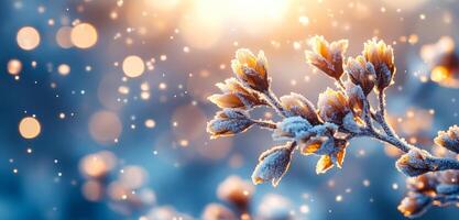 A branch covered in snow and frost. The snow is falling and the sun is shining on the branch photo