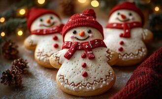 Three snowmen with red hats and scarves are sitting on a table. The snowmen are decorated with icing and appear to be smiling photo