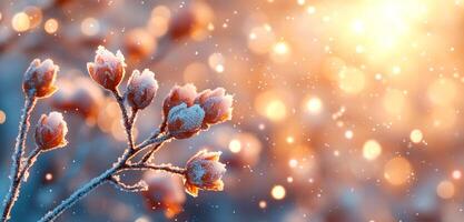 A close up of a branch covered in snow. The snow is falling on the branches and the flowers are covered in frost. The image has a serene and peaceful mood, as the snow creates a beautiful photo