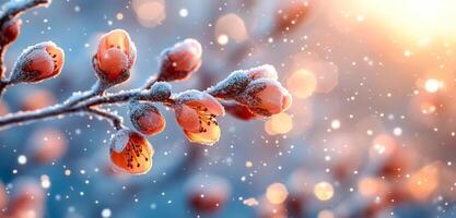 A branch covered in snow and red berries. The snow is falling and the sun is shining through the branches photo