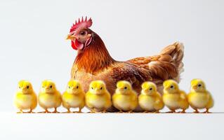 A rooster stands in front of a group of baby chicks. The rooster is the largest of the group, and the chicks are all smaller than him. Concept of family and togetherness photo