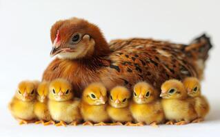 A mother chicken is laying down with her six baby chicks. The chicks are all different sizes and are huddled together. Concept of warmth and family, as the mother chicken is providing protection photo