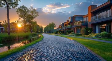 A street with a brick road and houses on either side. The houses are all different sizes and are lined up along the street. The sun is setting, casting a warm glow over the scene photo