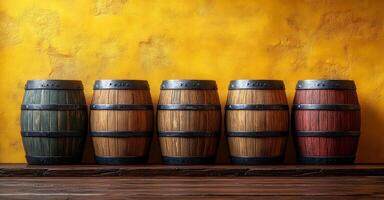 A row of wooden barrels with different colors and sizes. The barrels are arranged in a line on a wooden shelf photo