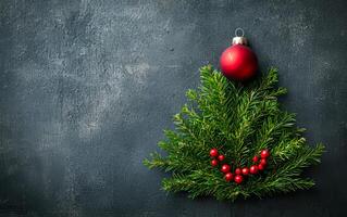 A Christmas tree made out of green branches and red berries. The tree is on a black background photo
