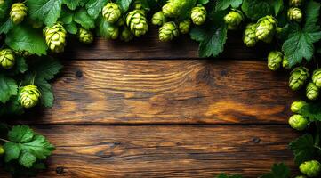 A wooden frame with green leaves surrounding it. The frame is made of wood and the leaves are green photo