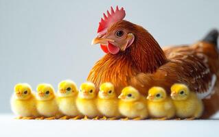A mother chicken is surrounded by her six chicks. Concept of warmth and family, as the mother hen is protecting and nurturing her young. The close-up view of the chicks emphasizes their vulnerability photo
