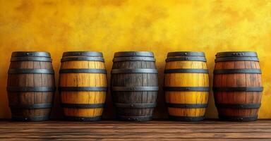 A row of wooden barrels with different colors and sizes. The barrels are arranged in a line on a wooden shelf photo