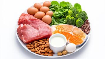 A plate of food with a variety of meats, vegetables, and nuts. The plate is white and the food is colorful photo