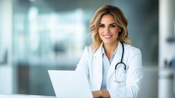 A woman in a white lab coat is sitting at a desk with a laptop. She is smiling and she is happy photo