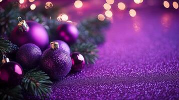 A purple background with a bunch of purple ornaments on it. The ornaments are arranged in a way that they look like they are hanging from a tree. Scene is festive and joyful photo