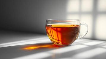 A cup of tea sits on a table, with the sun shining on it. The light creates a warm and inviting atmosphere, perfect for enjoying a relaxing cup of tea photo