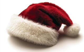 A red and white santa hat with a white pom pom on top. The hat is fluffy and looks like it's ready for a winter holiday photo