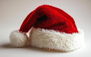 A red and white santa hat with a white pom pom on top. The hat is fluffy and looks warm and cozy photo