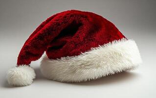 A red and white santa hat with a white pom pom on top. The hat is fluffy and looks warm and cozy photo