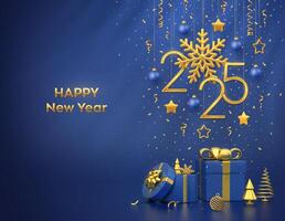 Happy New Year 2025. Hanging golden metallic numbers 2025 with snowflake, stars and balls on blue background. Gift boxes and golden metallic pine or fir, cone shape spruce trees. vector