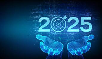 2025 New year Goals and plans. Numbers 2025 made with currency symbols in wireframe hands. New 2025 financial year. Business plan and strategies. Background with currency signs. vector