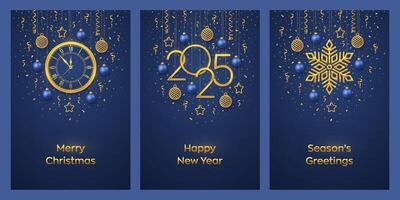 Christmas card set. Happy New Year 2025. Gold numbers 2025, snowflake, watch with Roman numeral and countdown midnight, eve for New Year. Hanging stars, balls on blue background. vector
