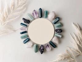 The design creatively arranges crystal minerals in a circle. photo