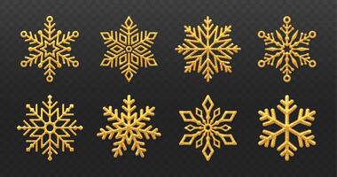 Gold Snowflakes set. Sparkling golden snowflakes with glitter texture isolated on transparent background. Merry Christmas and happy new year greeting card design element. vector