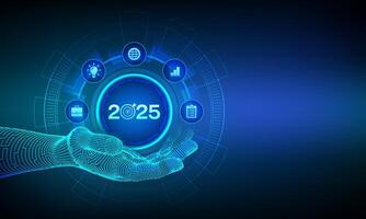 2025 New year Goals and plans icon in wireframe hand. Business plan and strategies. Goal acheiveement and success in 2025. Resolutions, plan, action, checklist concept. vector