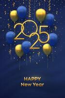 Happy New Year 2025. Hanging Golden metallic numbers 2025 with 3D festive helium balloons and falling confetti on blue background. New Year, Xmas greeting card, banner template. vector
