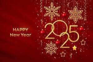Happy New Year 2025. Hanging Golden metallic numbers 2025 with shining snowflakes, 3D metallic stars, balls and confetti on red background. New Year greeting card or banner template. vector