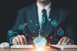 Businessman Searching for information in technology with AI systems concept, Businessman hand holding magnifying glass, chat and AI search engine for data by connect to global internet network. photo